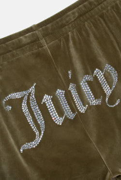 Displays the Dark Olive 'Juicy' branded velour diamanté tracksuit bottom featuring the juicy logo