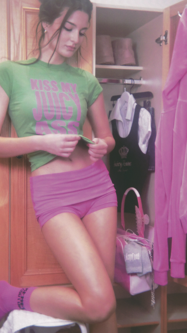 Displays a model wearing the Peppermint 'Juicy' branded Kiss my juicy tee 