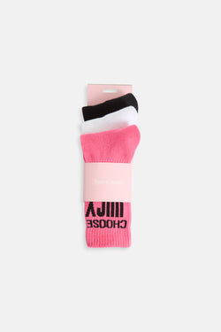 Displays the 'Juicy' branded 3 pack Choose Juicy socks featuring the packaging 