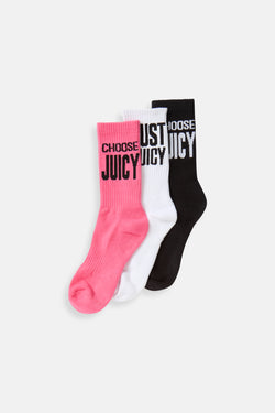 Displays the 'Juicy' branded 3 pack Choose Juicy socks 