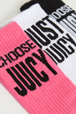 Displays the 'Juicy' branded 3 pack Choose Juicy socks featuring the choose juicy branding