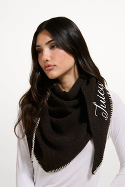 Displays a model wearing the Java 'Juicy' branded Triangle Script Scarf