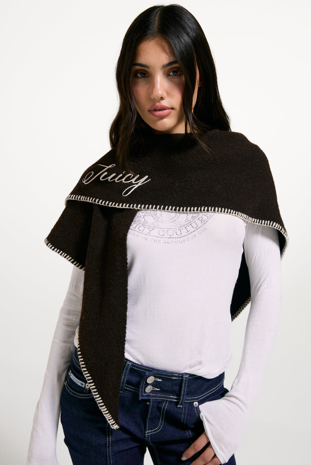 Displays a model wearing the Java 'Juicy' branded Triangle Script Scarf