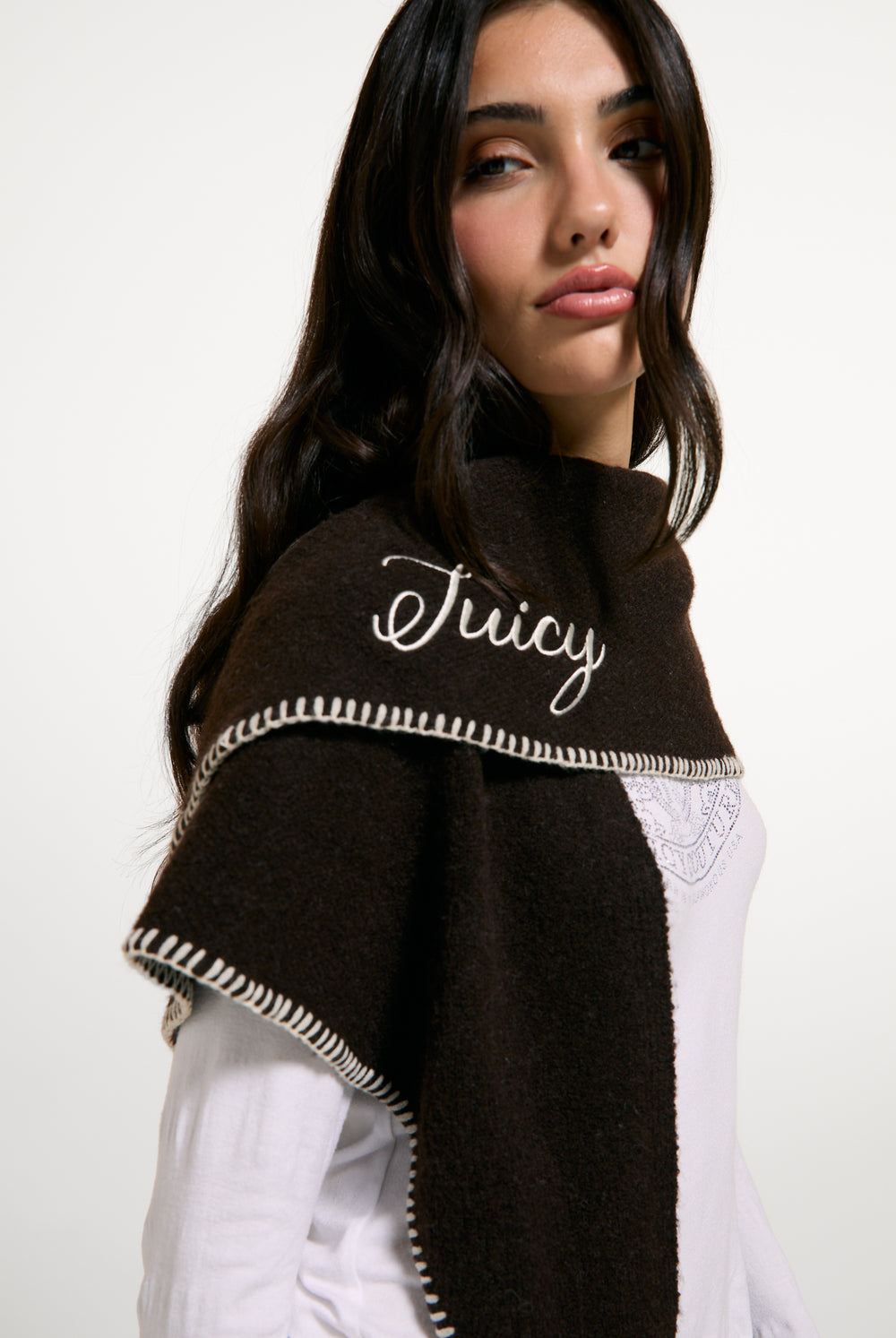Displays a model wearing the Java 'Juicy' branded Triangle Script Scarf