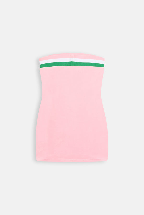 Displays the Juicy Pink 'Juicy' branded recycled velour mini bandeau dress 