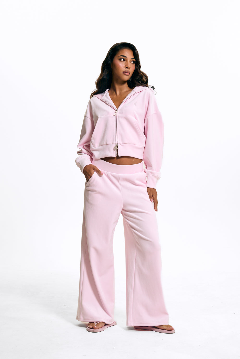 Displays a model wearing the Cherry Blossom 'Juicy' branded Velour Bonded Tracksuit Bottom