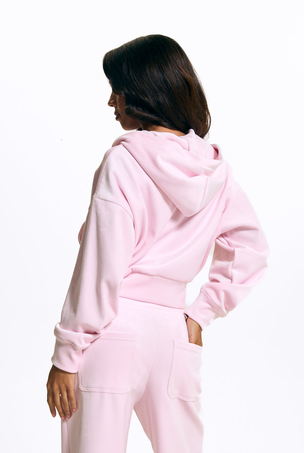 Displays a model wearing the Cherry Blossom 'Juicy' branded Velour Bonded Hoodie