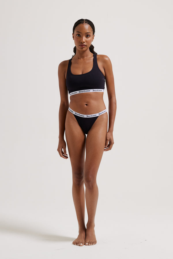 Displays a model wearing the black 'Juicy' branded cotton waistband briefs 