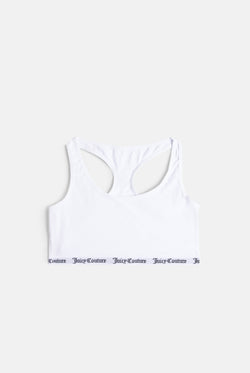 Displays the White 'juicy' branded cotton bralette 