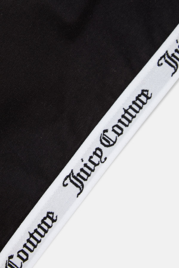 Displays the Black 'juicy' branded cotton bralette featuring the juicy Couture branding