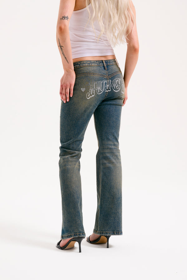 VINTAGE WASH WESTERN DIAMANTÉ FLARED JEANS