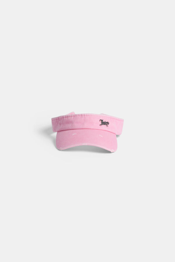 Displays the pink distressed 'juicy' branded cotton denim visor  