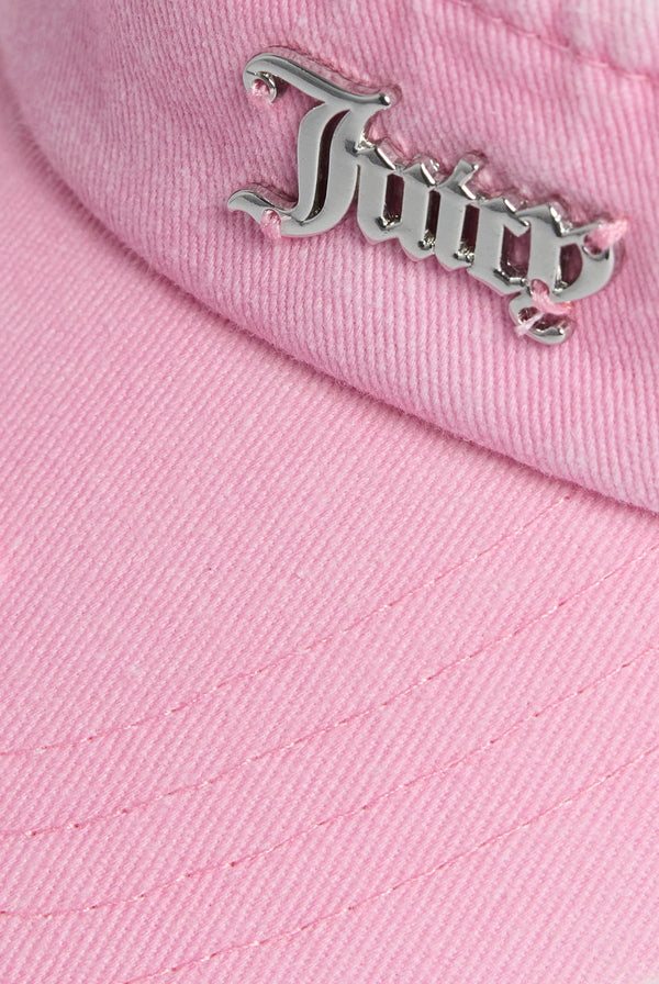 Displays the pink distressed 'juicy' branded cotton denim visor featuring the juicy branding