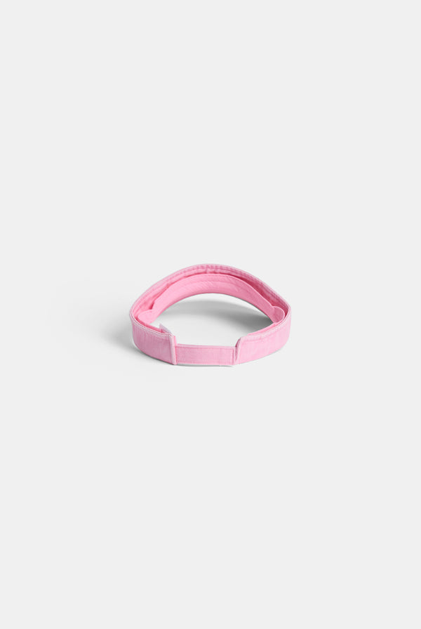 Displays the pink distressed 'juicy' branded cotton denim visor  
