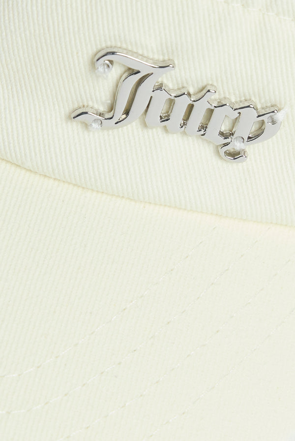 Displays the ecru distressed 'Juicy' branded cotton denim visor featuring the juicy branding 