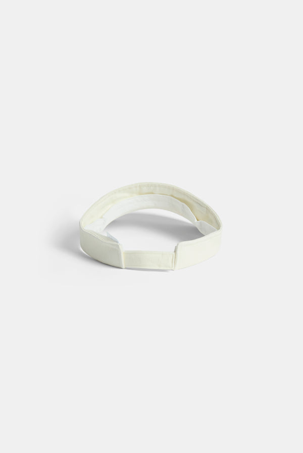 Displays the ecru distressed 'Juicy' branded cotton denim visor 