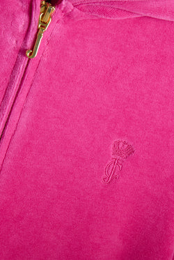 Displays the Nostalgia Pink 'Juicy' branded Washed Robyn Hoodie featuring the Juicy couture logo branding