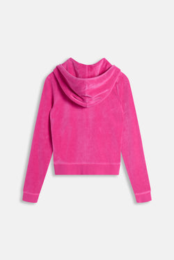 Displays the Nostalgia Pink 'Juicy' branded Washed Robyn Hoodie