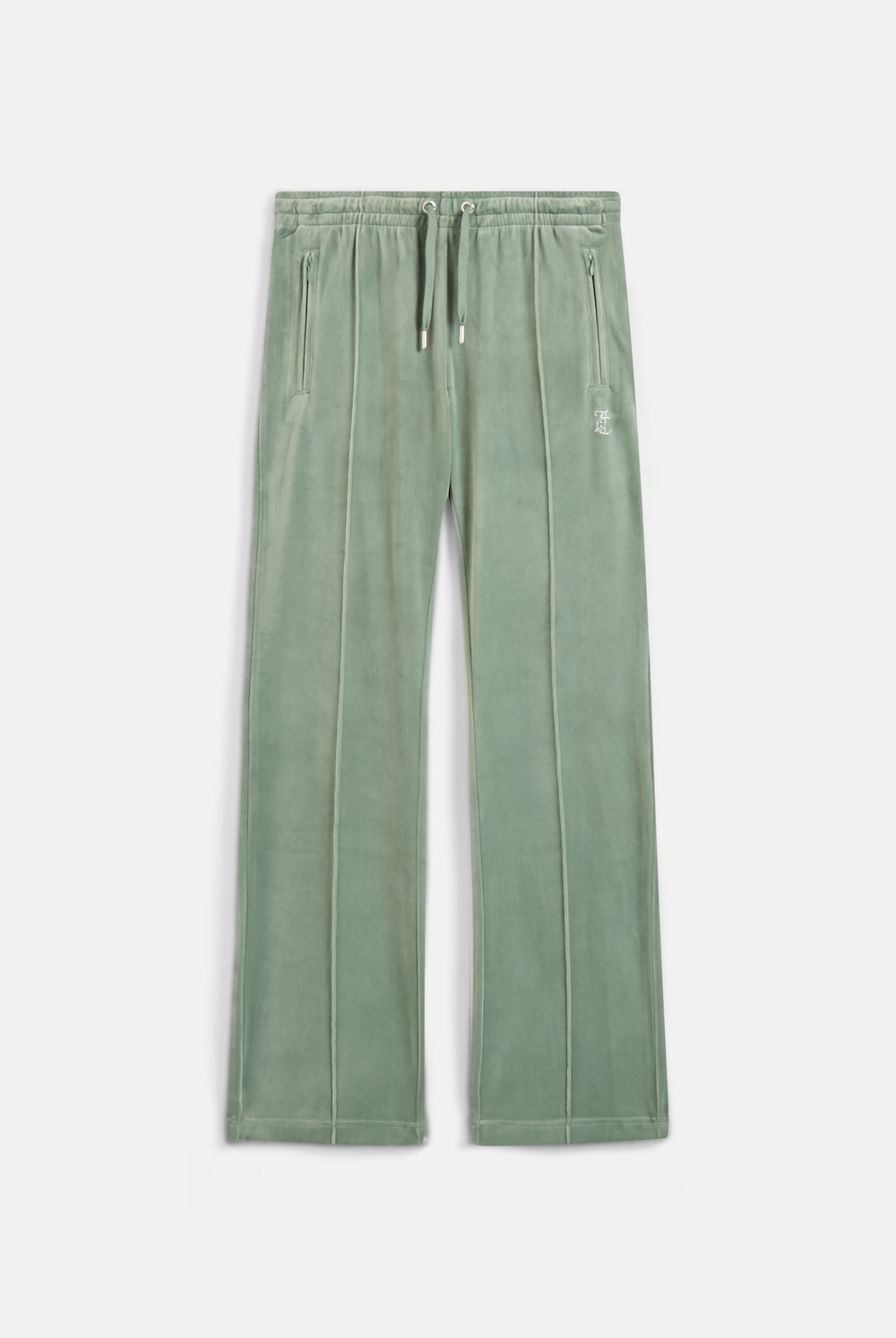 Displays the chinois green 'Juicy' velour diamanté tracksuit bottom 