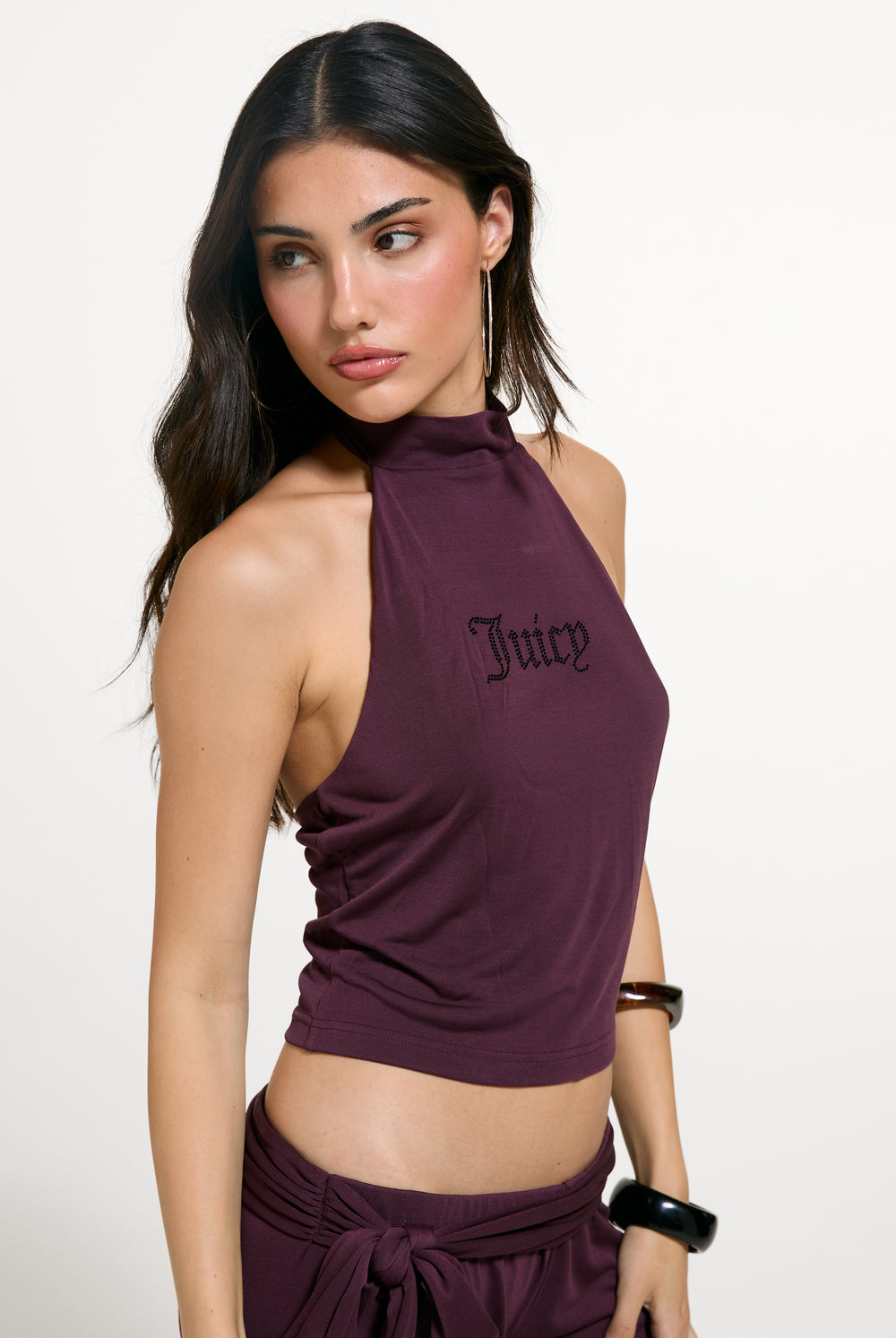 Displays a model wearing the Winetasting 'Juicy' branded Diamante Halter Top