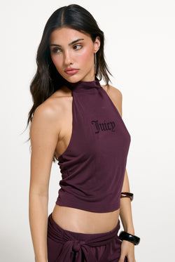 Displays a model wearing the Winetasting 'Juicy' branded Diamante Halter Top