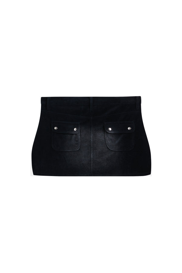 Displays the Washed Black 'Juicy' branded Cotton velour mini skirt 