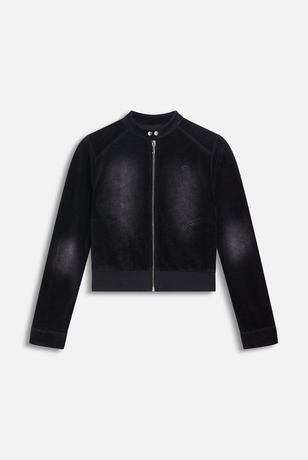 Displays the washed black 'juicy' branded cotton velour moto jacket