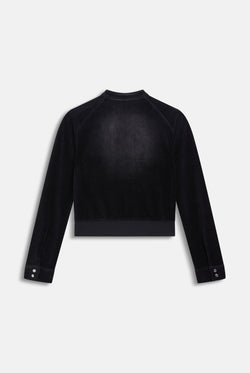 Displays the washed black 'juicy' branded cotton velour moto jacket
