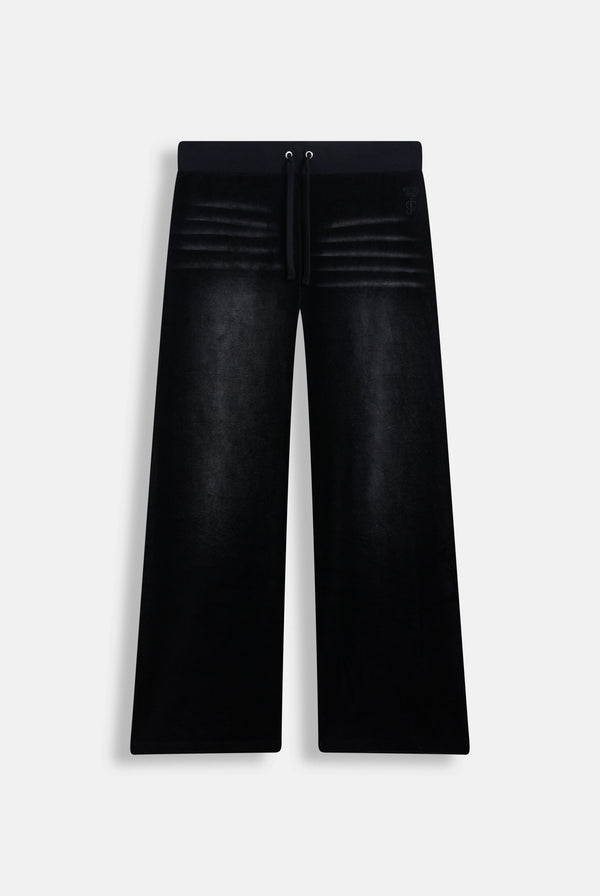 Displays the washed black cotton 'Juicy' branded velour OG straight low rise pants 