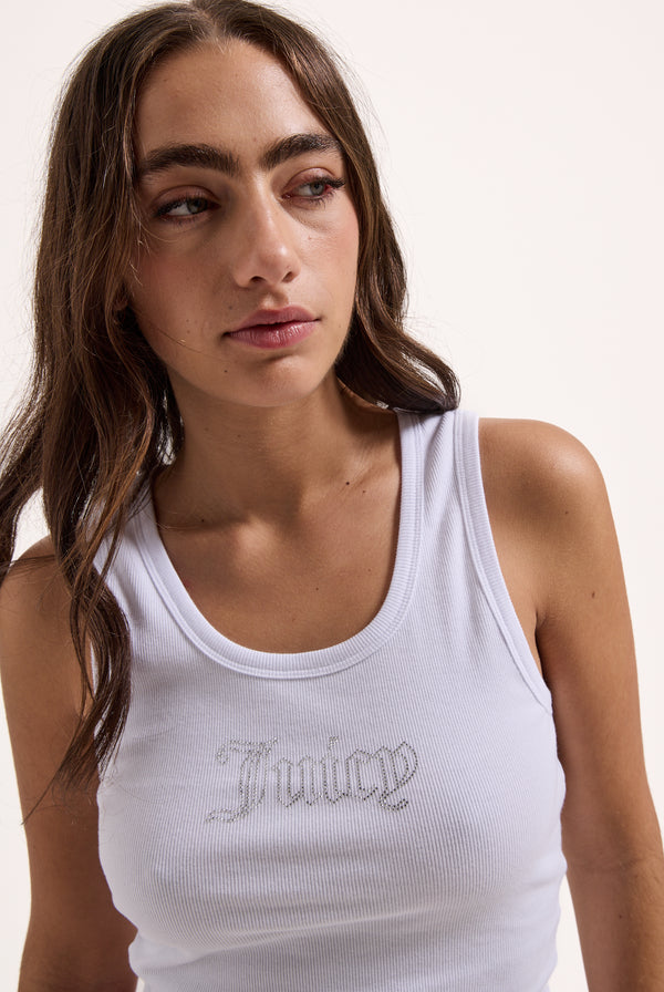 Displays a model wearing the white 'Juicy' branded outline diamanté racer vest 