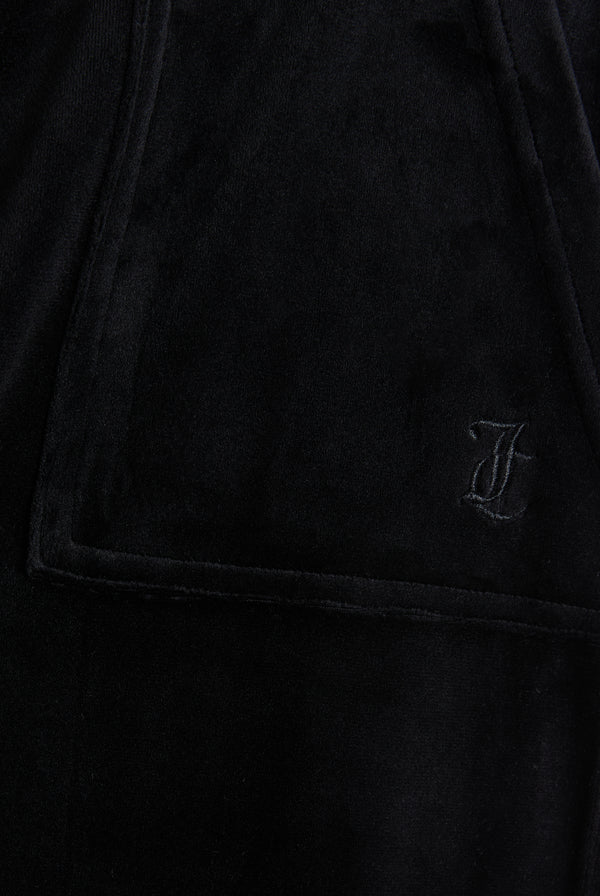 Display the Black 'Juicy' branded wide leg classic velour track pant featuring the juicy couture logo