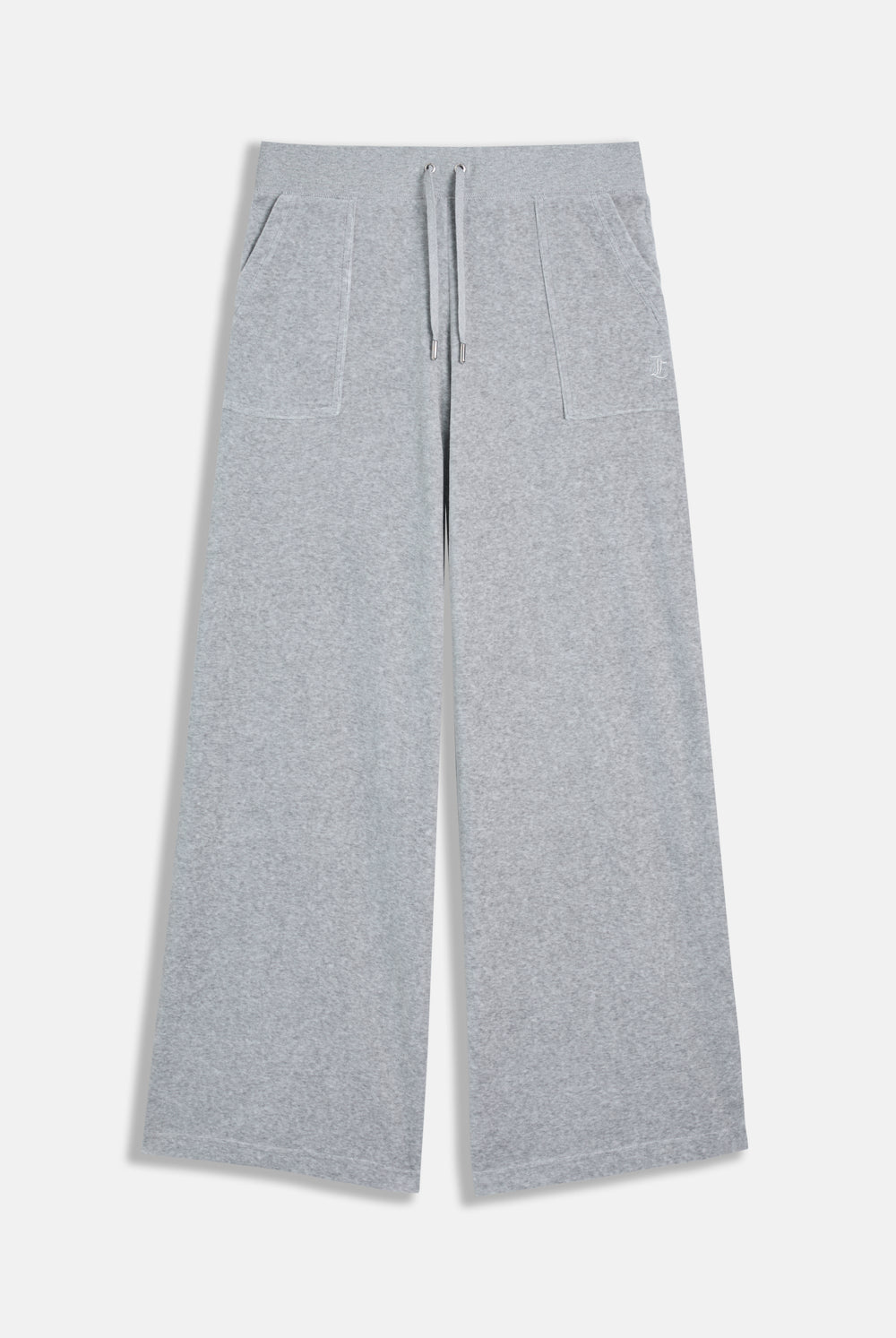 Displays the silver marl wide leg 'Juicy' branded cotton velour track pant