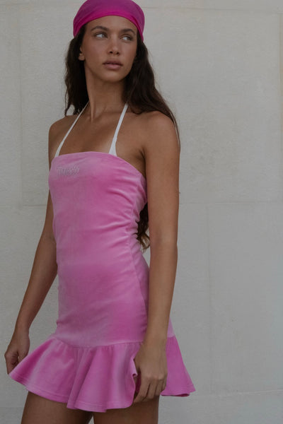 SUPER PINK BANDEAU RUFFLE VELOUR DRESS