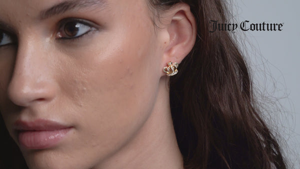 Displaysa model wearing the 'Juicy' Gold Tone Crystal Icon Crown Stud Earrings