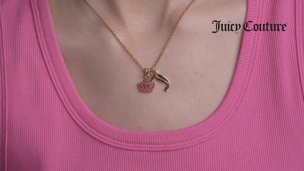 Displays a model wearing the 'Juicy' Gold Tone Crystal Motif Crown & J Charm Pendant