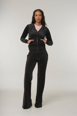 BLACK LOW RISE FLARE POCKET CLASSIC VELOUR TRACK PANT - AI generated video - AI Generated