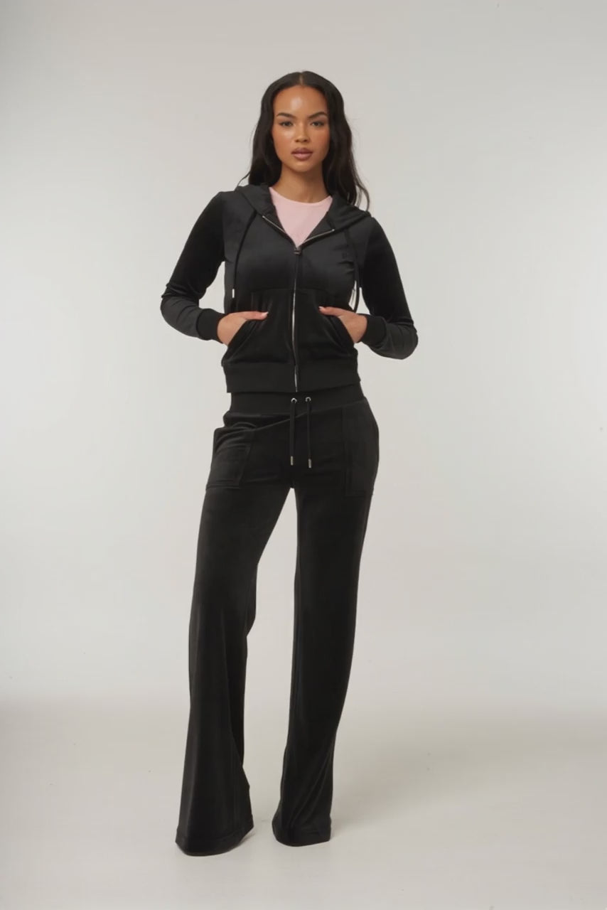 BLACK LOW RISE FLARE POCKET CLASSIC VELOUR TRACK PANT - AI generated video - AI Generated
