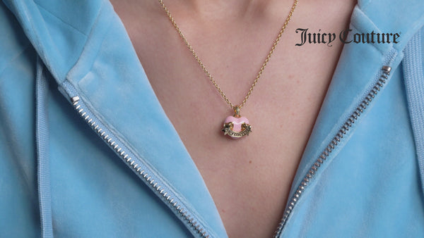 Displays a model wearing the 'Juicy' Gold Tone Enamel Icon Heart Pendant