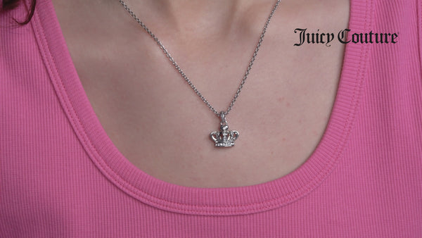 Displays a model wearing the 'Juicy' Silver Tone Crystal Icon Crown Pendant